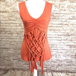 Vertigo Paris Salmon Ruched Fringe Tie V-Neck Top Medium Sleeveless EUC